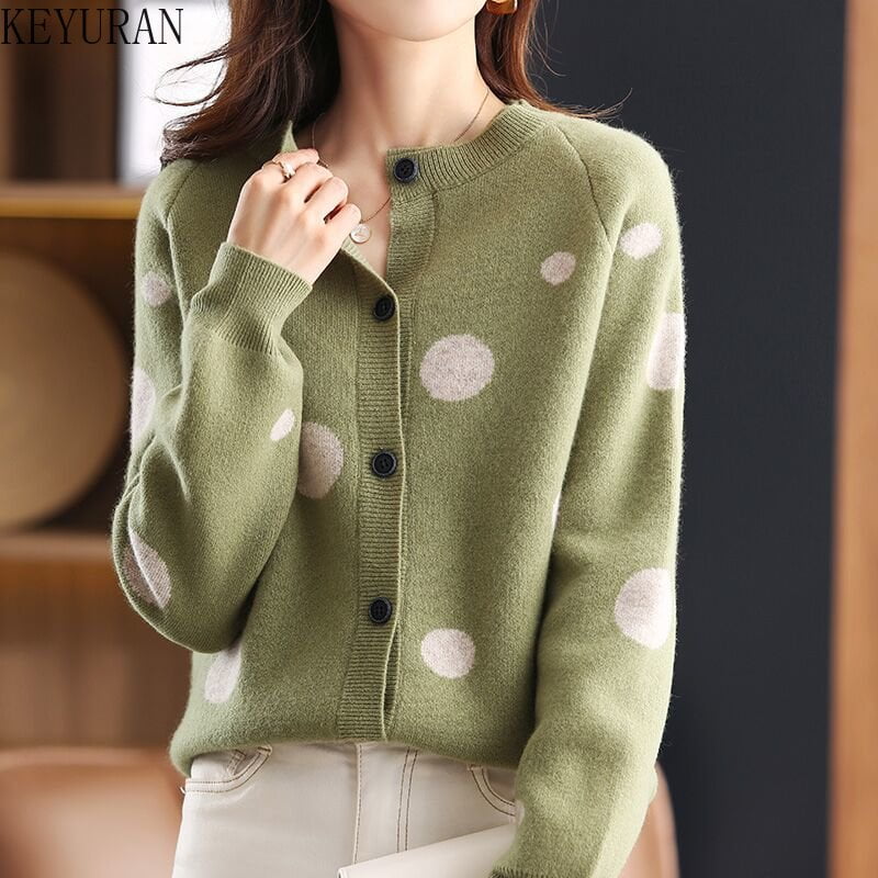 Cardigan Jacquard à Pois pour Femme, Col Rond, Manches sulf, Pull en Cachemire All-Match, Décontracté 2