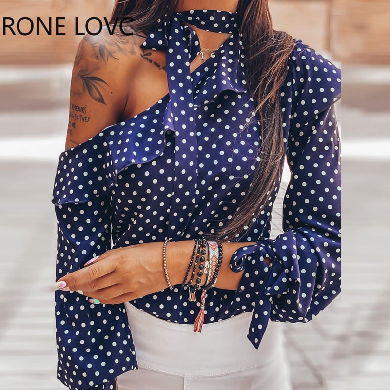 Chemisier à volants à pois pour femmes, chemisiers monochromes à manches longues, One Initiated 1
