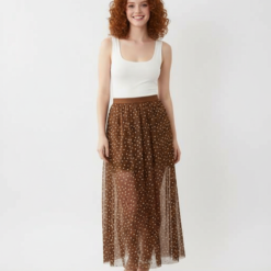 Jupes Longues À Pois Taille Transparent En Marron Élastique Tulle Haute Slim Coupe Stretch Doux