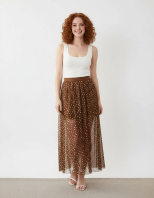 Jupes Longues À Pois Taille Transparent En Marron Élastique Tulle Haute Slim Coupe Stretch Doux