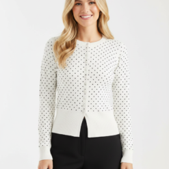 Gilets À Pois Blanc Ras Cou Encolure Ronde Boutonnage Manches Longues Classique