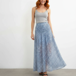 Jupes Longues À Pois Froncée Tulle Transparent Bleu Taille Haute