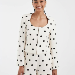 Blazers À Pois Marron Lin Mélangé Encolure Dégagée Tailleur Structurées
