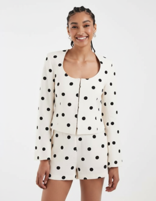 Blazers À Pois Marron Lin Mélangé Encolure Dégagée Tailleur Structurées