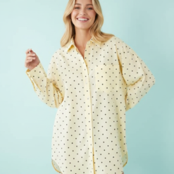 Chemises À Pois Femmes Oversize Coton Manches Longues Col Italien Jaune Citron