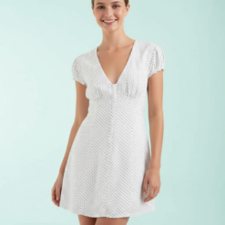 Robes À Pois Blanc V Col Courte Manches Bouffantes Coupe Classique