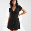 Robes À Pois Blanc Col V Courte Manches Bouffantes Patte Boutonnage Viscose