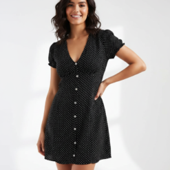 Robes À Pois Blanc Col V Courte Manches Bouffantes Patte Boutonnage Viscose