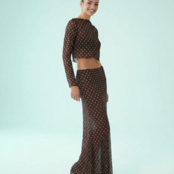 Jupes Longues À Pois Géométriques En Tulle Marron Imprimé Taille Élastique Transparent