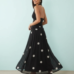 jupes longues à pois froncée évasée tissu doux encolure américaine robe noire femme