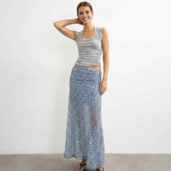 jupes longues à pois froncée tulle transparent bleu taille haute