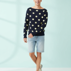 pulls à pois hommes bateau encolure fine maille avec bleu marine