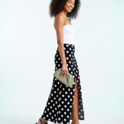 jupes longues à pois coton haute fente taille imprimé jersey en noir blanc