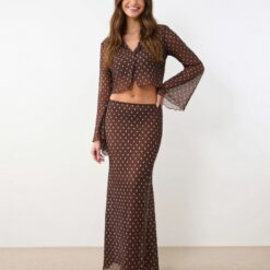 jupes longues à pois géométriques en tulle marron imprimé taille élastique transparent