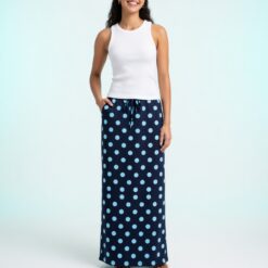 jupes longues à pois jersey taille haute cordon serrage poches fente coton maille coupe classique jupe longue bleue femme